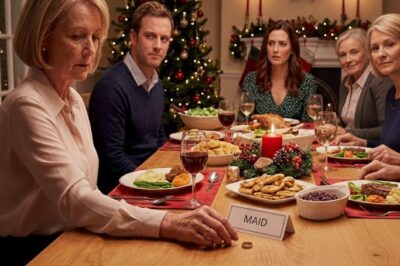 At Christmas dinner, my daughter-in-law handed me a name badge. It read “Housekeeper.” her parents laughed. My son smirked and said “food’s for family.” There was no chair for me. I calmly removed my wedding ring, set it on the table, and said four words. the room went silent…