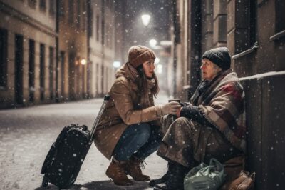 On Christmas Eve, my parents kicked me out with nothing but a suitcase. My sister sneered, “Good luck surviving.” Freezing on a snowy bench, I saw a barefoot woman turning purple and gave her my boots. An hour later, 19 black BMWs pulled up around me… and the woman stepped out with a single chilling sentence.